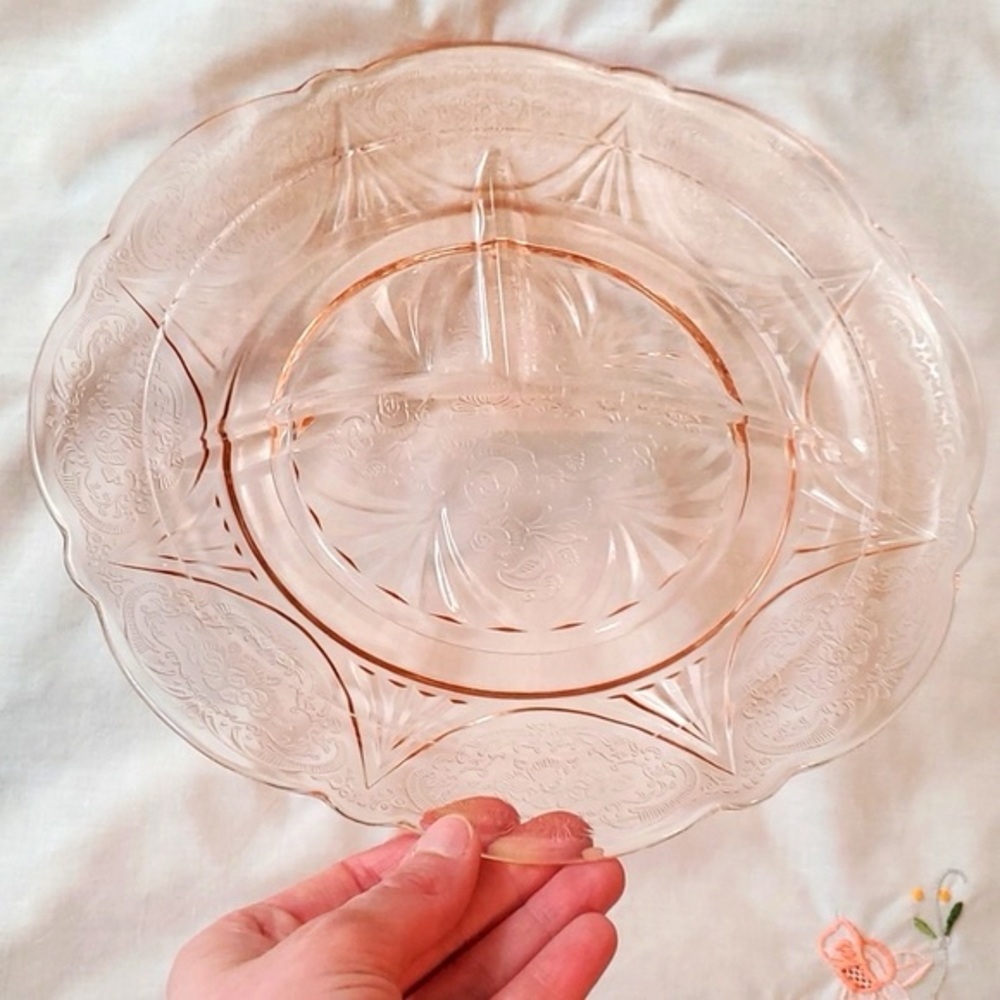 Vintage Hazel Atlas pink royal lace pattern relish dish